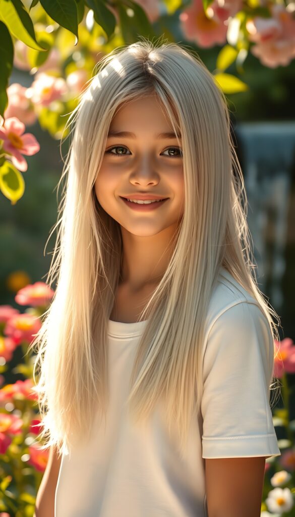 A stunningly detailed and hyper realistic scene of a young girl with beautiful straight, silky white full open and blonde hair with brown highlights cascading down her shoulders, framing her round face in a perfect bangs cut. She is very happy and friendly. She wears a minimalist white short-sleeve T-shirt, with the fabric softly hugging her petite form. The setting is a serene, sunlit garden, with vibrant flowers blooming around her. Soft, golden light filters through the leaves, casting a warm, ethereal glow over the scene. In the background, a gentle waterfall adds to the tranquil ambiance, enhancing the dreamlike atmosphere. The girl's hair shimmers with a subtle iridescence, catching the light in delicate highlights.