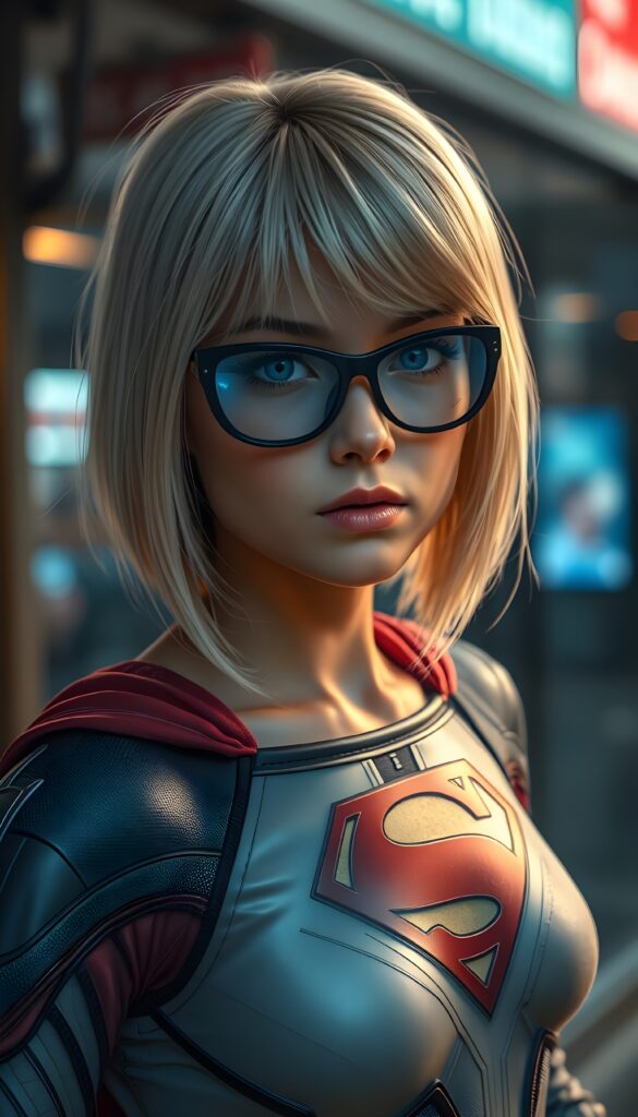 A stunningly detailed (((full angle body shot))), with intricate patterns and detailed textures, capturing a beautifully illustrated (((young supergirl in her classic costume))), her iconic blonde hair is styled in a sleek, high-tech bob with a 4K resolution, framed by a futuristic glasses that reflect the modern aesthetic. The scene is set against a backdrop of hyper-realistic, detailed environments that push the limits of imagination, creating a breathtaking visual symphony that defies the realm of possibility. Modern color grading techniques bring the whole composition to life, elevating this advanced image to the highest standard of artistry and technique, giving the viewer a truly unforgettable visual masterpiece