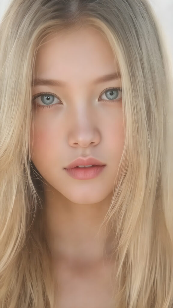 A stunningly detailed (((full body view))) (((airbrush masterpiece))), featuring a young Asian girl with luxurious, ((straight blonde hair)) and (pale skin) that exudes an ethereal glow. Her eyes are a mesmerizing shade of blue, (the color of the sky on a clear day), captivating and inviting. The scene is set against a soft, natural light that casts a warm, golden glow, highlighting the cool tones of the background and creating a cozy, dreamy atmosphere.