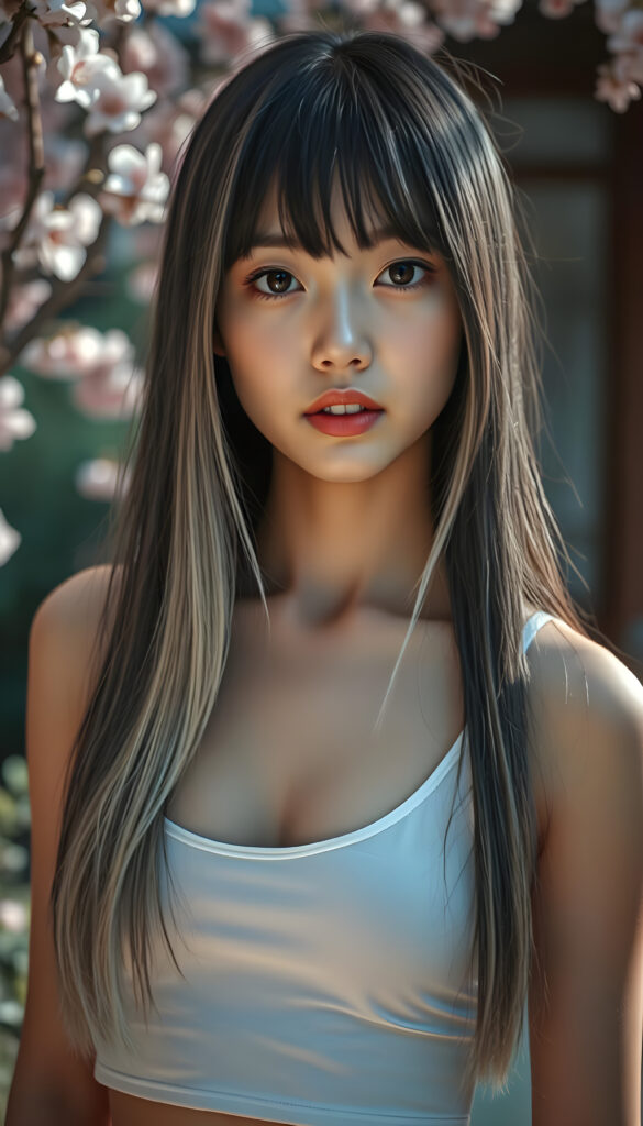 A stunningly detailed, super-realistic image of a cute Asian girl with long, straight black hair and blond highlights cascading down her shoulders, bangs frame her round face. Full red kissable lips, white teeth. Amber shiny eyes. She wears a crisp white short tank top, low neckline, her body curving perfectly in a flattering silhouette. Her large, expressive eyes reflect a hint of melancholy as she gazes directly at the camera, her skin glowing with a soft, warm light that enhances her youthful radiance. The background is a vibrant, softly blurred garden scene with blooming cherry blossoms, creating a serene and enchanting atmosphere. The composition balances her delicate features with the lush, colorful environment, making the image both captivating and emotionally resonant.