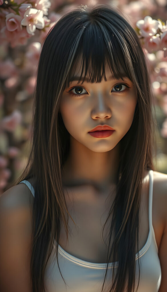 A stunningly detailed, super-realistic image of a cute Asian girl with long, straight black hair and blond highlights cascading down her shoulders, bangs frame her round face. Full red kissable lips, white teeth. Amber shiny eyes. She wears a crisp white short tank top, low neckline, her body curving perfectly in a flattering silhouette. Her large, expressive eyes reflect a hint of melancholy as she gazes directly at the camera, her skin glowing with a soft, warm light that enhances her youthful radiance. The background is a vibrant, softly blurred garden scene with blooming cherry blossoms, creating a serene and enchanting atmosphere. The composition balances her delicate features with the lush, colorful environment, making the image both captivating and emotionally resonant.