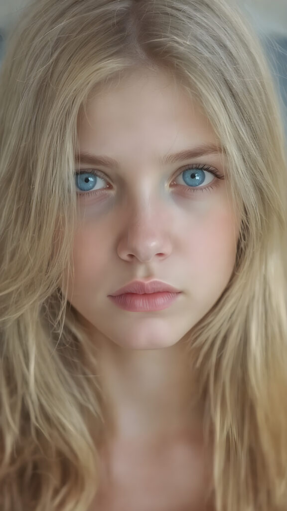 A stunningly detailed (((full body view))) (((airbrush masterpiece))), featuring a young girl with luxurious, ((straight blonde hair)) and (pale skin) that exudes an ethereal glow. Her eyes are a mesmerizing shade of blue, (the color of the sky on a clear day), captivating and inviting. The scene is set against a soft, natural light that casts a warm, golden glow, highlighting the cool tones of the background and creating a cozy, dreamy atmosphere.
