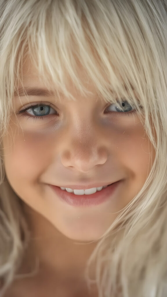 A stunningly detailed (((closeup portrait))), captured at an 8K resolution, showcasing a vividly beautiful young girl with ((tan skin and white drenched hair)), whose luxurious locks cascade down in a (serene drape), and are gently accented by (glittery particles) that enhance the overall whimsical charm of the scene. The girl's smile is warm and inviting, perfectly capturing the essence of a dream-like moment, full color, full resolution