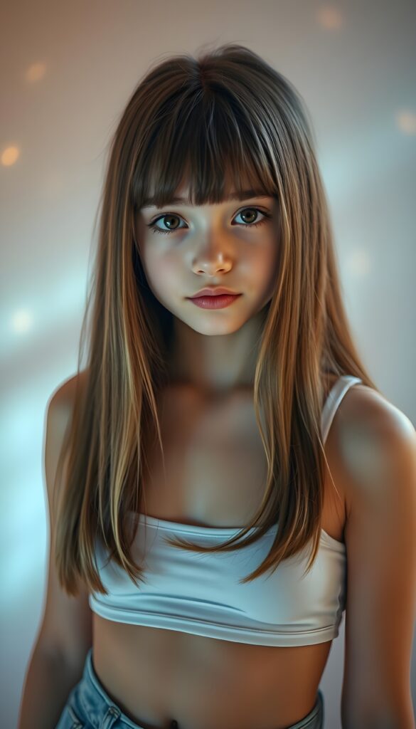A stunningly detailed full-body portrait of a young teen girl with long, jet straight hair in vibrant hazelnut tones and blond highlights. Her mesmerizing, baby-doll eyes gaze directly into the camera, framed by adorable, slightly uneven bangs. Soft, angelic lighting highlights her delicate features and radiant complexion. She wears a sleeveless, cropped tank top that hugs her figure, light blue jeans pants, accentuating her flawless curves. The background is a softly contrasting, dreamy pastel gradient, with subtle, shimmering light effects, adding a touch of magic and playfulness to the serene, ethereal scene. She shows off her belly button.