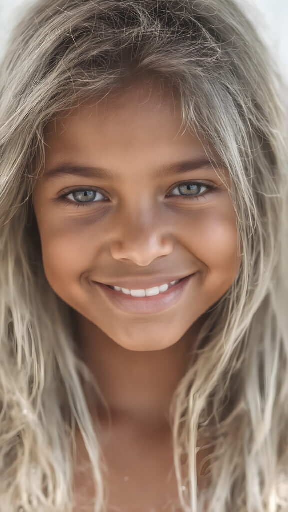 A stunningly detailed (((closeup portrait))), captured at an 8K resolution, showcasing a vividly beautiful young girl with ((tan skin and white drenched hair)), whose luxurious locks cascade down in a (serene drape), and are gently accented by (glittery particles) that enhance the overall whimsical charm of the scene. The girl's smile is warm and inviting, perfectly capturing the essence of a dream-like moment, full color, full resolution