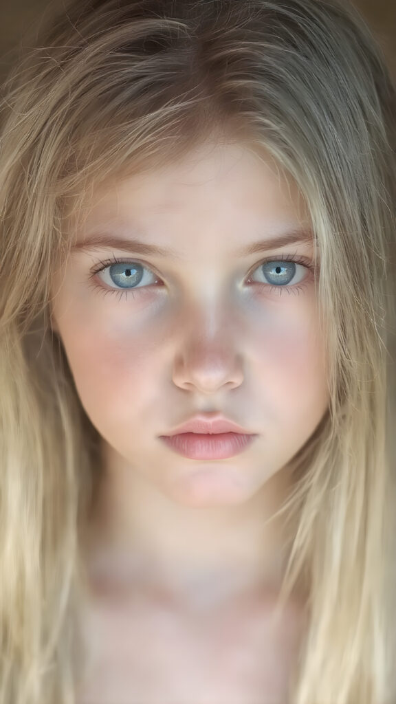A stunningly detailed (((full body view))) (((airbrush masterpiece))), featuring a young girl with luxurious, ((straight blonde hair)) and (pale skin) that exudes an ethereal glow. Her eyes are a mesmerizing shade of blue, (the color of the sky on a clear day), captivating and inviting. The scene is set against a soft, natural light that casts a warm, golden glow, highlighting the cool tones of the background and creating a cozy, dreamy atmosphere.
