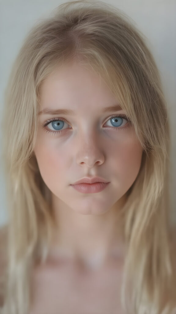 A stunningly detailed (((full body view))) (((airbrush masterpiece))), featuring a young girl with luxurious, ((straight blonde hair)) and (pale skin) that exudes an ethereal glow. Her eyes are a mesmerizing shade of blue, (the color of the sky on a clear day), captivating and inviting. The scene is set against a soft, natural light that casts a warm, golden glow, highlighting the cool tones of the background and creating a cozy, dreamy atmosphere.