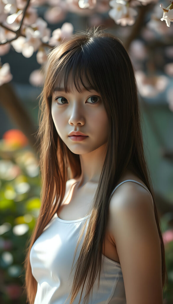 A stunningly detailed, super-realistic image of a cute Asian girl with long, straight hair cascading down her shoulders. She wears a crisp white short tank top, her body curving perfectly in a flattering silhouette. Her large, expressive eyes reflect a hint of melancholy as she gazes directly at the camera, her skin glowing with a soft, warm light that enhances her youthful radiance. The background is a vibrant, softly blurred garden scene with blooming cherry blossoms, creating a serene and enchanting atmosphere. The composition balances her delicate features with the lush, colorful environment, making the image both captivating and emotionally resonant.