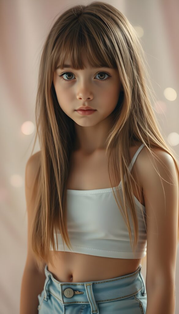 A stunningly detailed full-body portrait of a young teen girl with long, jet straight hair in vibrant hazelnut tones and blond highlights. Her mesmerizing, baby-doll eyes gaze directly into the camera, framed by adorable, slightly uneven bangs. Soft, angelic lighting highlights her delicate features and radiant complexion. She wears a sleeveless, cropped tank top that hugs her figure, light blue jeans pants, accentuating her flawless curves. The background is a softly contrasting, dreamy pastel gradient, with subtle, shimmering light effects, adding a touch of magic and playfulness to the serene, ethereal scene. She shows off her belly button.