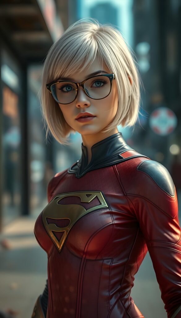 A stunningly detailed (((full angle body shot))), with intricate patterns and detailed textures, capturing a beautifully illustrated (((young supergirl in her classic costume))), her iconic blonde hair is styled in a sleek, high-tech bob with a 4K resolution, framed by a futuristic glasses that reflect the modern aesthetic. The scene is set against a backdrop of hyper-realistic, detailed environments that push the limits of imagination, creating a breathtaking visual symphony that defies the realm of possibility. Modern color grading techniques bring the whole composition to life, elevating this advanced image to the highest standard of artistry and technique, giving the viewer a truly unforgettable visual masterpiece