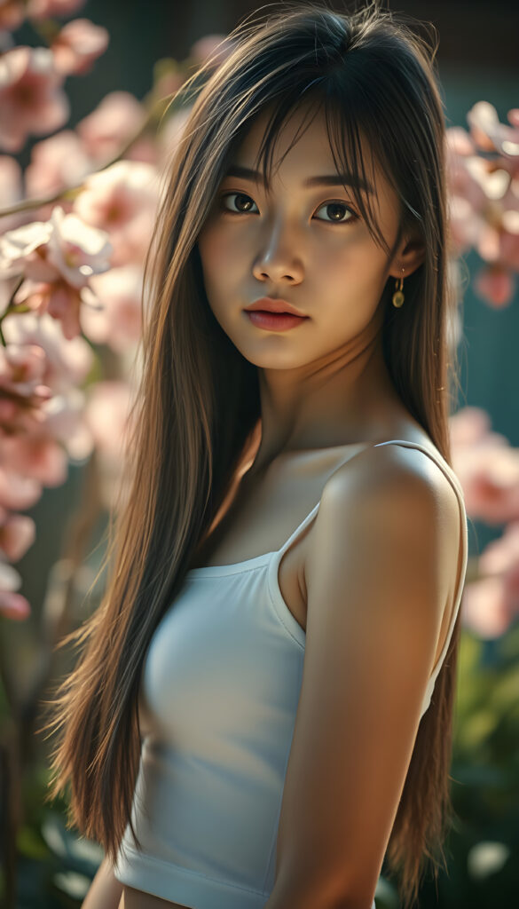A stunningly detailed, super-realistic image of a cute Asian girl with long, straight hair cascading down her shoulders. She wears a crisp white short tank top, her body curving perfectly in a flattering silhouette. Her large, expressive eyes reflect a hint of melancholy as she gazes directly at the camera, her skin glowing with a soft, warm light that enhances her youthful radiance. The background is a vibrant, softly blurred garden scene with blooming cherry blossoms, creating a serene and enchanting atmosphere. The composition balances her delicate features with the lush, colorful environment, making the image both captivating and emotionally resonant.