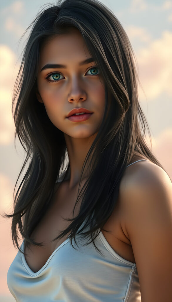 A stunningly detailed and vibrant illustration of a confident 18-year-old girl with flawless smooth skin, wearing a short white cotton top with a plunging neckline. Her luxurious, slightly wavy black hair cascades gracefully over her shoulders left an right the same length. Her bright, natural blue eyes gaze directly at the viewer, embodying a sense of self-assurance. The background is a dreamy, pastel-hued sky with soft, wispy clouds, enhancing the serene and ethereal atmosphere. The lighting is soft and natural, casting gentle highlights and shadows that accentuate her features and the texture of her hair. The composition is dynamic, with the girl standing confidently, her body slightly angled, creating a sense of depth and movement in the scene.