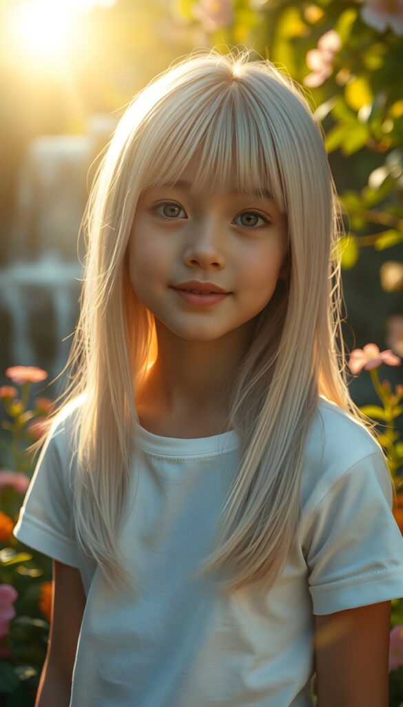 A stunningly detailed and hyper realistic scene of a young girl with beautiful straight, silky white full open and blonde hair with brown highlights cascading down her shoulders, framing her round face in a perfect bangs cut. She is very happy and friendly. She wears a minimalist white short-sleeve T-shirt, with the fabric softly hugging her petite form. The setting is a serene, sunlit garden, with vibrant flowers blooming around her. Soft, golden light filters through the leaves, casting a warm, ethereal glow over the scene. In the background, a gentle waterfall adds to the tranquil ambiance, enhancing the dreamlike atmosphere. The girl's hair shimmers with a subtle iridescence, catching the light in delicate highlights.