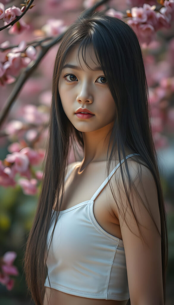 A stunningly detailed, super-realistic image of a cute Asian girl with long, straight hair cascading down her shoulders. She wears a crisp white short tank top, her body curving perfectly in a flattering silhouette. Her large, expressive eyes reflect a hint of melancholy as she gazes directly at the camera, her skin glowing with a soft, warm light that enhances her youthful radiance. The background is a vibrant, softly blurred garden scene with blooming cherry blossoms, creating a serene and enchanting atmosphere. The composition balances her delicate features with the lush, colorful environment, making the image both captivating and emotionally resonant.