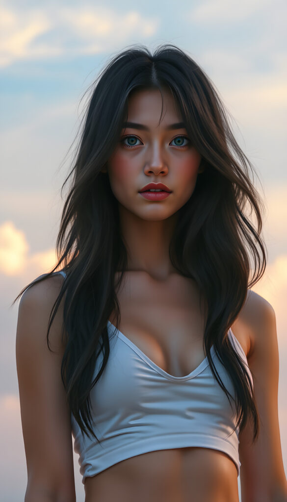 A stunningly detailed and vibrant illustration of a confident 18-year-old girl with flawless smooth skin, wearing a short white cotton top with a plunging neckline. Her luxurious, slightly wavy black hair cascades gracefully over her shoulders left an right the same length. Her bright, natural blue eyes gaze directly at the viewer, embodying a sense of self-assurance. The background is a dreamy, pastel-hued sky with soft, wispy clouds, enhancing the serene and ethereal atmosphere. The lighting is soft and natural, casting gentle highlights and shadows that accentuate her features and the texture of her hair. The composition is dynamic, with the girl standing confidently, her body slightly angled, creating a sense of depth and movement in the scene.