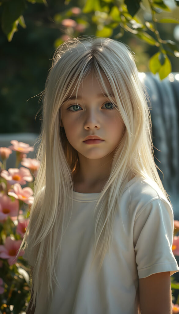 A stunningly detailed and hyperrealistic scene of a young girl with flowing, untamed, straight, silky white blonde hair cascading down her shoulders, framing her round face. Her expression is deeply sorrowful, eyes glistening with unshed tears. She wears a minimalist white short-sleeve T-shirt, with the fabric softly hugging her petite form. The setting is a serene, sunlit garden, with vibrant flowers blooming around her. Soft, golden light filters through the leaves, casting a warm, ethereal glow over the scene. In the background, a gentle waterfall adds to the tranquil ambiance, enhancing the dreamlike atmosphere. The girl's hair shimmers with a subtle iridescence, catching the light in delicate highlights.