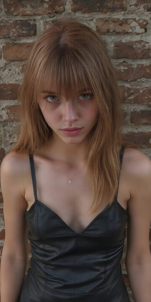 A stunningly detailed realistic (((full angle body shot))), with intricate patterns and detailed textures, capturing a beautifully illustrated (((young teen girl in her thin black leather dress, perfect fit body))), her iconic red hair is long straight and soft, with a 4K resolution, detailed environments that push the limits of imagination, creating a breathtaking visual symphony that defies the realm of possibility. Modern color grading techniques bring the whole composition to life, elevating this advanced image to the highest standard of artistry and technique, giving the viewer a truly unforgettable visual masterpiece, all against a brick wall backdrop