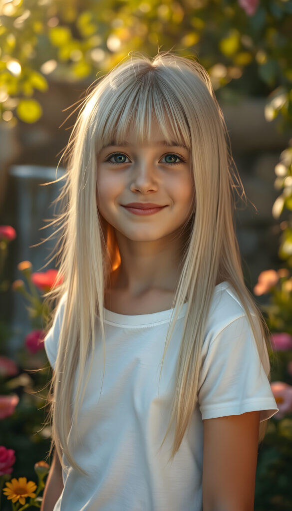 A stunningly detailed and hyperrealistic scene of a young girl with flowing, untamed, straight, silky white blonde hair cascading down her shoulders, framing her round face. She is very happy and friendly. She wears a minimalist white short-sleeve T-shirt, with the fabric softly hugging her petite form. The setting is a serene, sunlit garden, with vibrant flowers blooming around her. Soft, golden light filters through the leaves, casting a warm, ethereal glow over the scene. In the background, a gentle waterfall adds to the tranquil ambiance, enhancing the dreamlike atmosphere. The girl's hair shimmers with a subtle iridescence, catching the light in delicate highlights.