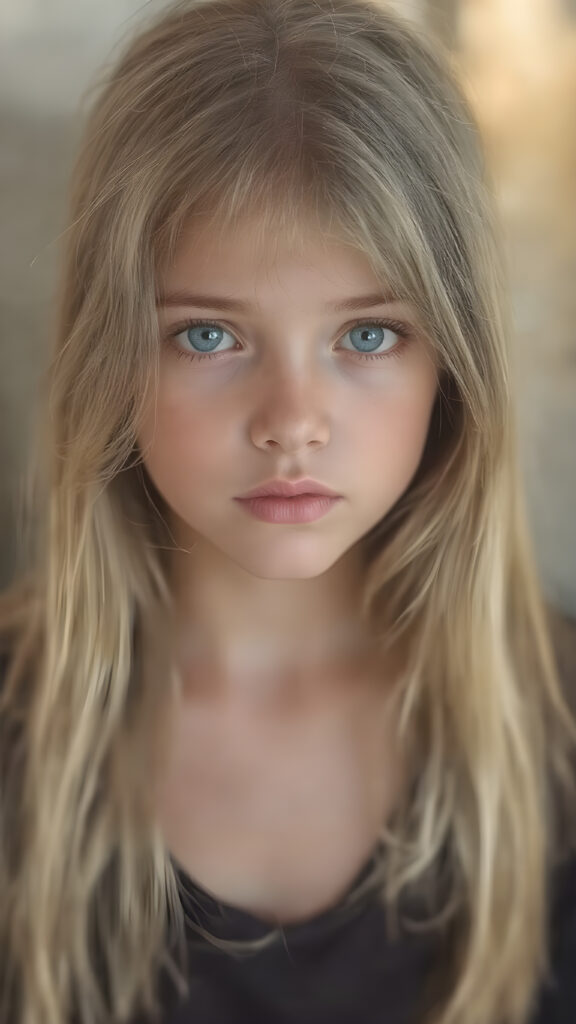 A stunningly detailed (((full body view))) (((airbrush masterpiece))), featuring a young girl with luxurious, ((straight blonde hair)) and (pale skin) that exudes an ethereal glow. Her eyes are a mesmerizing shade of blue, (the color of the sky on a clear day), captivating and inviting. The scene is set against a soft, natural light that casts a warm, golden glow, highlighting the cool tones of the background and creating a cozy, dreamy atmosphere.