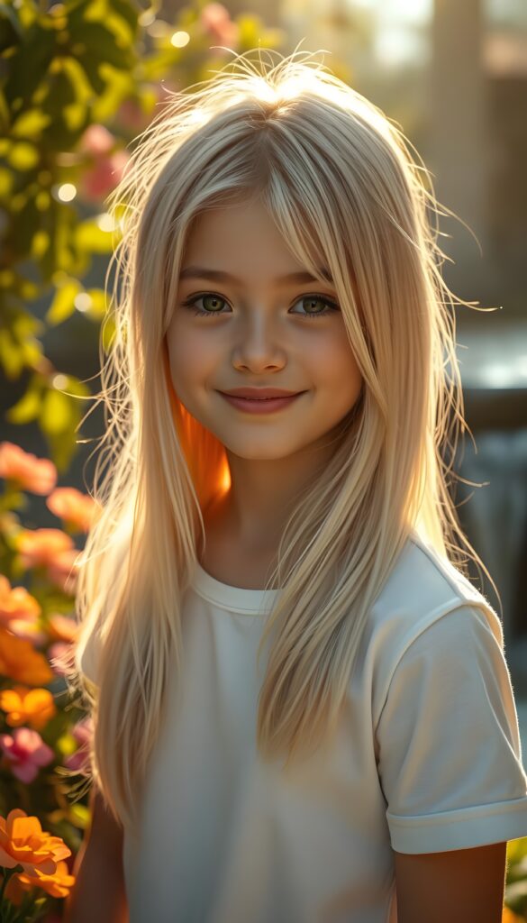 A stunningly detailed and hyper realistic scene of a young girl with beautiful straight, silky white full open and blonde hair with brown highlights cascading down her shoulders, framing her round face in a perfect bangs cut. She is very happy and friendly. She wears a minimalist white short-sleeve T-shirt, with the fabric softly hugging her petite form. The setting is a serene, sunlit garden, with vibrant flowers blooming around her. Soft, golden light filters through the leaves, casting a warm, ethereal glow over the scene. In the background, a gentle waterfall adds to the tranquil ambiance, enhancing the dreamlike atmosphere. The girl's hair shimmers with a subtle iridescence, catching the light in delicate highlights.