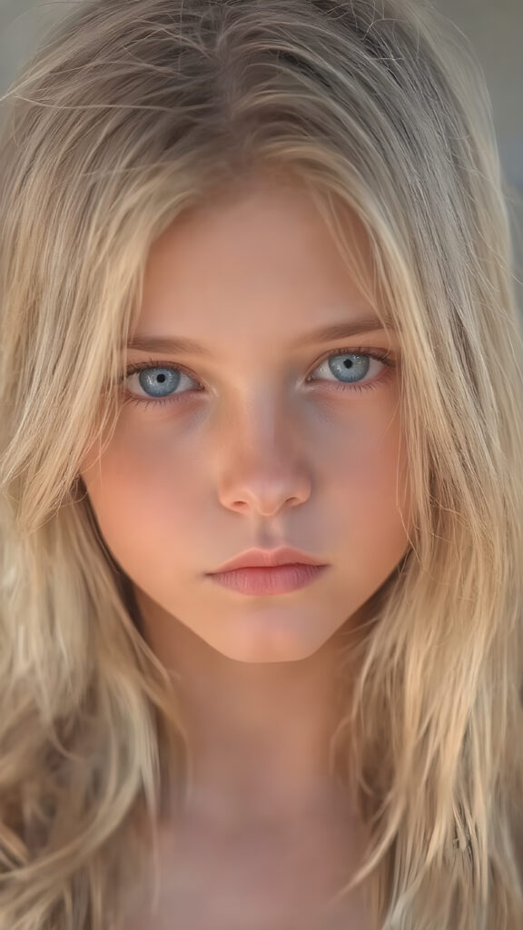 A stunningly detailed (((full body view))) (((airbrush masterpiece))), featuring a young girl with luxurious, ((straight blonde hair)) and (pale skin) that exudes an ethereal glow. Her eyes are a mesmerizing shade of blue, (the color of the sky on a clear day), captivating and inviting. The scene is set against a soft, natural light that casts a warm, golden glow, highlighting the cool tones of the background and creating a cozy, dreamy atmosphere.