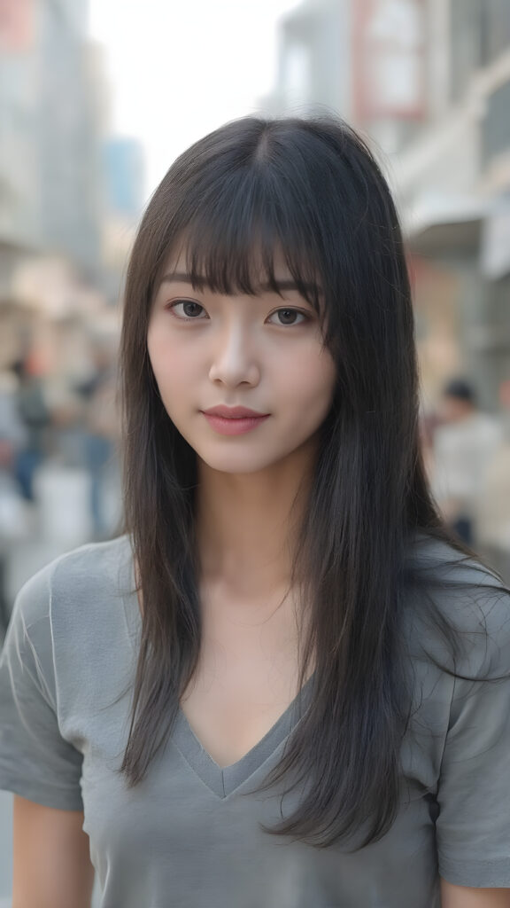 A stunningly detailed (((professional 3D photograph))), capturing a vividly beautiful young Korean girl with extremely long, perfectly straight black hair and bangs that gracefully frames her face. She is wearing a tight, deep v-neck t-shirt that accentuates her toned, natural body. The scene is set at a bustling city street in Korea. She stands confidently, looking into the camera with a serene expression. Her skin is beautifully illuminated by the soft city lights. The advanced prompt signals that the scene should exude a timeless elegance, reminiscent of classic Korean fashion, with a modern twist