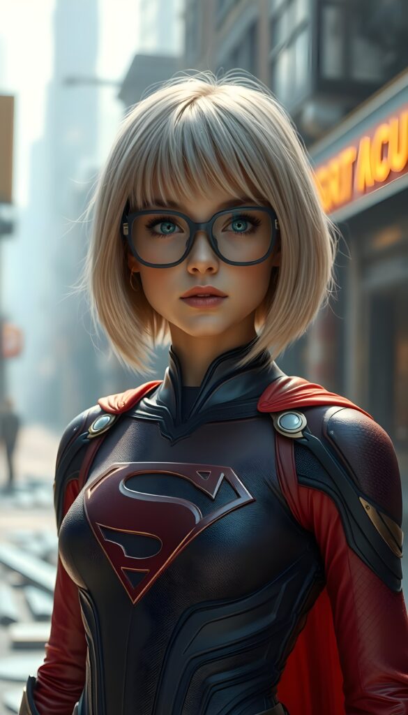 A stunningly detailed (((full angle body shot))), with intricate patterns and detailed textures, capturing a beautifully illustrated (((young supergirl in her classic costume))), her iconic blonde hair is styled in a sleek, high-tech bob with a 4K resolution, framed by a futuristic glasses that reflect the modern aesthetic. The scene is set against a backdrop of hyper-realistic, detailed environments that push the limits of imagination, creating a breathtaking visual symphony that defies the realm of possibility. Modern color grading techniques bring the whole composition to life, elevating this advanced image to the highest standard of artistry and technique, giving the viewer a truly unforgettable visual masterpiece