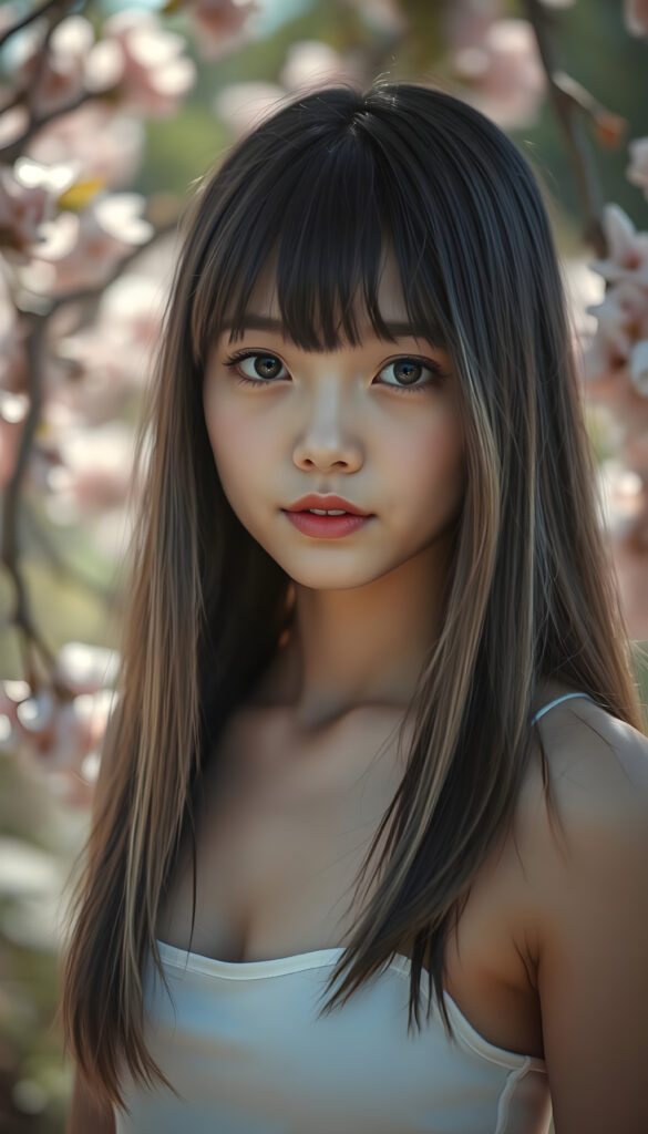 A stunningly detailed, super-realistic image of a cute Asian girl with long, straight black hair and blond highlights cascading down her shoulders, bangs frame her round face. Full red kissable lips, white teeth. Amber shiny eyes. She wears a crisp white short tank top, low neckline, her body curving perfectly in a flattering silhouette. Her large, expressive eyes reflect a hint of melancholy as she gazes directly at the camera, her skin glowing with a soft, warm light that enhances her youthful radiance. The background is a vibrant, softly blurred garden scene with blooming cherry blossoms, creating a serene and enchanting atmosphere. The composition balances her delicate features with the lush, colorful environment, making the image both captivating and emotionally resonant.