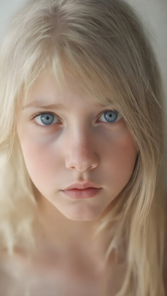 A stunningly detailed (((full body view))) (((airbrush masterpiece))), featuring a young girl with luxurious, ((straight blonde hair)) and (pale skin) that exudes an ethereal glow. Her eyes are a mesmerizing shade of blue, (the color of the sky on a clear day), captivating and inviting. The scene is set against a soft, natural light that casts a warm, golden glow, highlighting the cool tones of the background and creating a cozy, dreamy atmosphere.