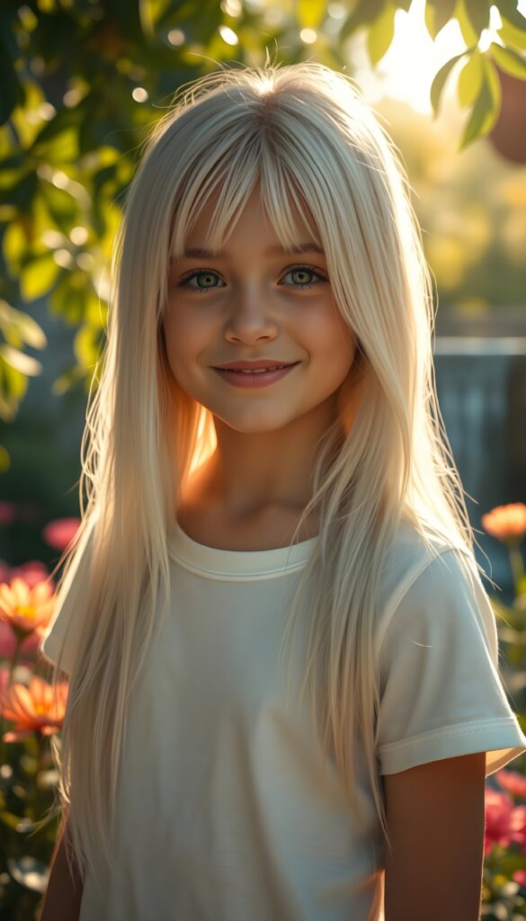 A stunningly detailed and hyper realistic scene of a young girl with beautiful straight, silky white full open and blonde hair with brown highlights cascading down her shoulders, framing her round face in a perfect bangs cut. She is very happy and friendly. She wears a minimalist white short-sleeve T-shirt, with the fabric softly hugging her petite form. The setting is a serene, sunlit garden, with vibrant flowers blooming around her. Soft, golden light filters through the leaves, casting a warm, ethereal glow over the scene. In the background, a gentle waterfall adds to the tranquil ambiance, enhancing the dreamlike atmosphere. The girl's hair shimmers with a subtle iridescence, catching the light in delicate highlights.