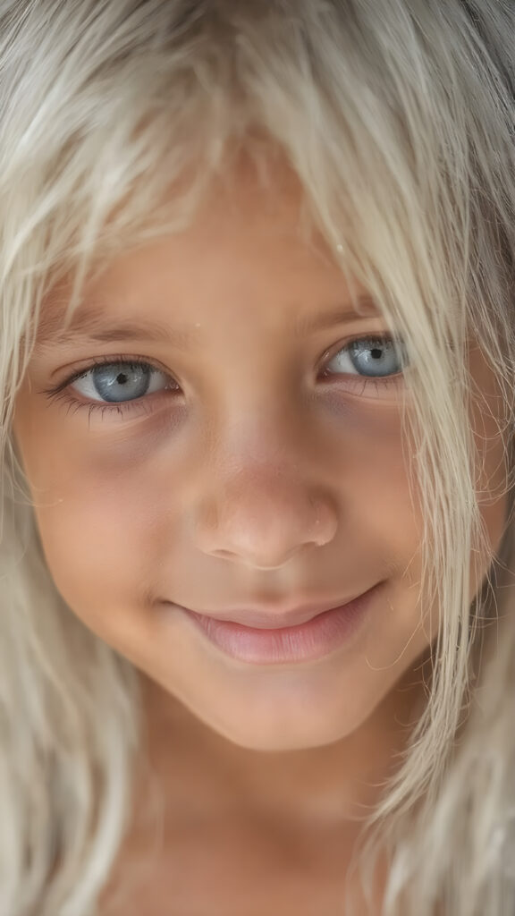 A stunningly detailed (((closeup portrait))), captured at an 8K resolution, showcasing a vividly beautiful young girl with ((tan skin and white drenched hair)), whose luxurious locks cascade down in a (serene drape), and are gently accented by (glittery particles) that enhance the overall whimsical charm of the scene. The girl's smile is warm and inviting, perfectly capturing the essence of a dream-like moment, full color, full resolution