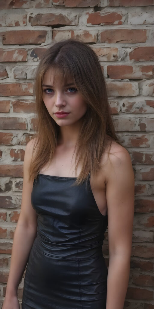 A stunningly detailed realistic (((full angle body shot))), with intricate patterns and detailed textures, capturing a beautifully illustrated (((young teen girl in her thin black leather dress, perfect fit body))), her iconic red hair is long straight and soft, with a 4K resolution, detailed environments that push the limits of imagination, creating a breathtaking visual symphony that defies the realm of possibility. Modern color grading techniques bring the whole composition to life, elevating this advanced image to the highest standard of artistry and technique, giving the viewer a truly unforgettable visual masterpiece, all against a brick wall backdrop