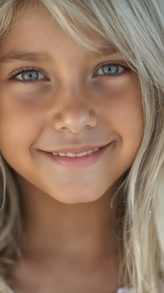 A stunningly detailed (((closeup portrait))), captured at an 8K resolution, showcasing a vividly beautiful young girl with ((tan skin and white drenched hair)), whose luxurious locks cascade down in a (serene drape), and are gently accented by (glittery particles) that enhance the overall whimsical charm of the scene. The girl's smile is warm and inviting, perfectly capturing the essence of a dream-like moment, full color, full resolution
