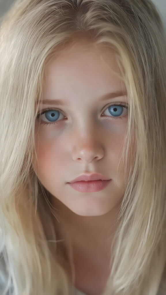 A stunningly detailed (((full body view))) (((airbrush masterpiece))), featuring a young girl with luxurious, ((straight blonde hair)) and (pale skin) that exudes an ethereal glow. Her eyes are a mesmerizing shade of blue, (the color of the sky on a clear day), captivating and inviting. The scene is set against a soft, natural light that casts a warm, golden glow, highlighting the cool tones of the background and creating a cozy, dreamy atmosphere.