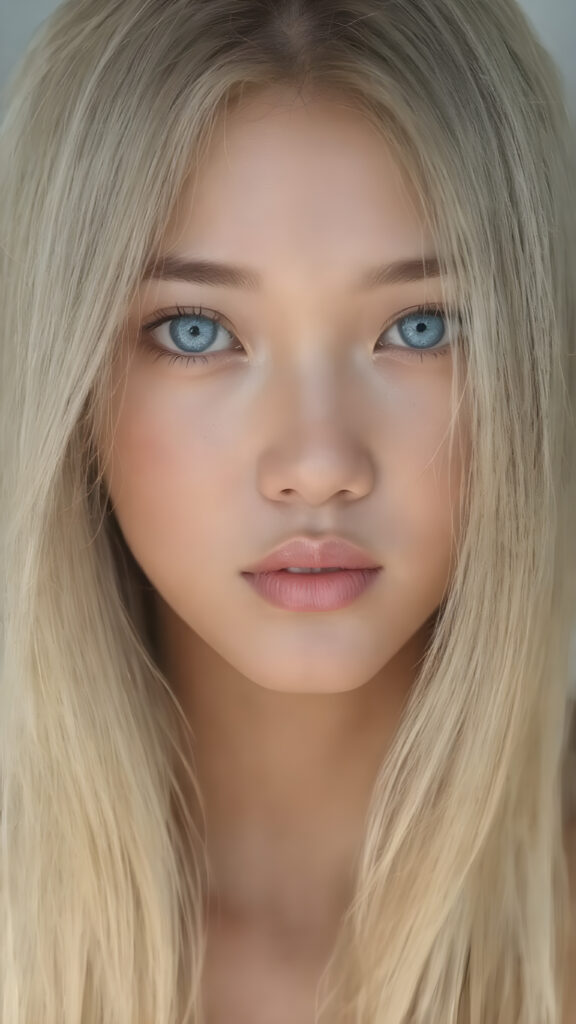 A stunningly detailed (((full body view))) (((airbrush masterpiece))), featuring a young Asian girl with luxurious, ((straight blonde hair)) and (pale skin) that exudes an ethereal glow. Her eyes are a mesmerizing shade of blue, (the color of the sky on a clear day), captivating and inviting. The scene is set against a soft, natural light that casts a warm, golden glow, highlighting the cool tones of the background and creating a cozy, dreamy atmosphere.