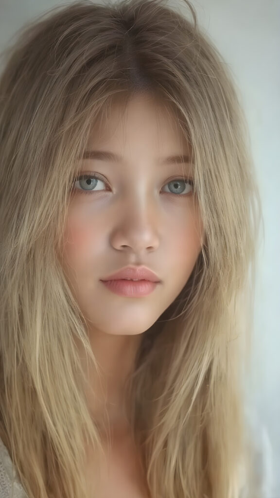 A stunningly detailed (((full body view))) (((airbrush masterpiece))), featuring a young Asian girl with luxurious, ((straight blonde hair)) and (pale skin) that exudes an ethereal glow. Her eyes are a mesmerizing shade of blue, (the color of the sky on a clear day), captivating and inviting. The scene is set against a soft, natural light that casts a warm, golden glow, highlighting the cool tones of the background and creating a cozy, dreamy atmosphere.