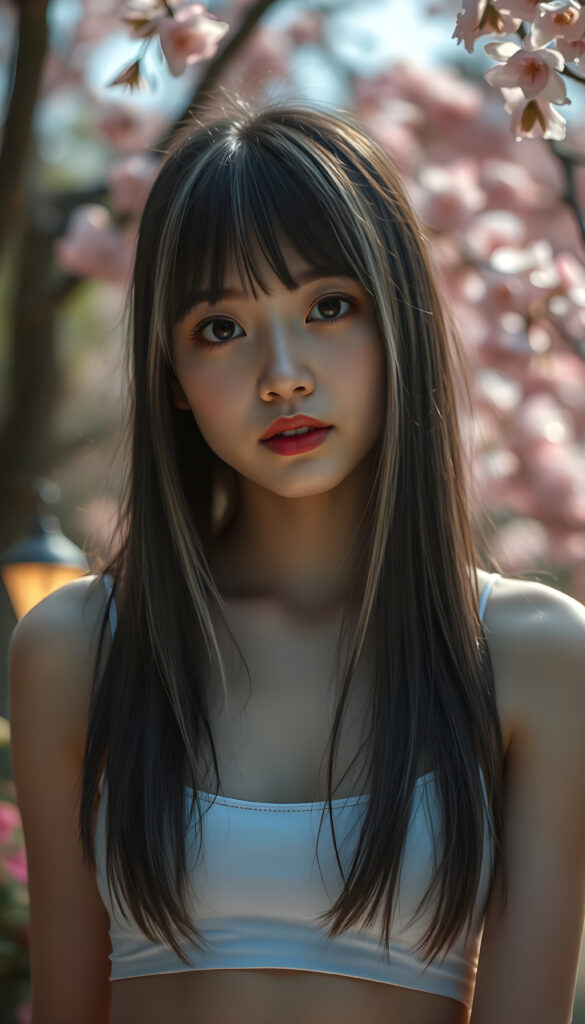 A stunningly detailed, super-realistic image of a cute Asian girl with long, straight black hair and blond highlights cascading down her shoulders, bangs frame her round face. Full red kissable lips, white teeth. Amber shiny eyes. She wears a crisp white short tank top, low neckline, her body curving perfectly in a flattering silhouette. Her large, expressive eyes reflect a hint of melancholy as she gazes directly at the camera, her skin glowing with a soft, warm light that enhances her youthful radiance. The background is a vibrant, softly blurred garden scene with blooming cherry blossoms, creating a serene and enchanting atmosphere. The composition balances her delicate features with the lush, colorful environment, making the image both captivating and emotionally resonant.