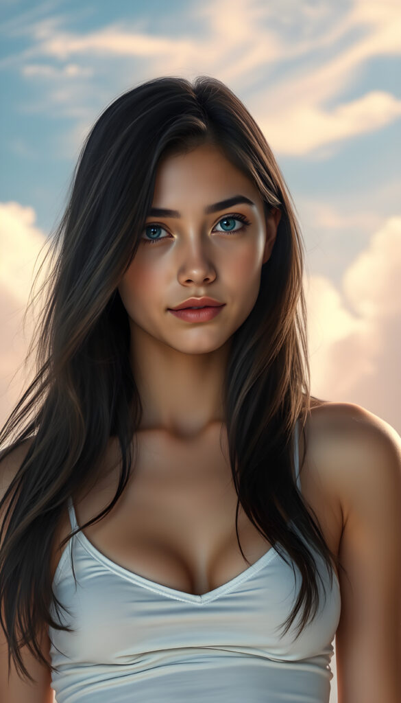 A stunningly detailed and vibrant illustration of a confident 18-year-old girl with flawless smooth skin, wearing a short white cotton top with a plunging neckline. Her luxurious, slightly wavy black hair cascades gracefully over her shoulders left an right the same length. Her bright, natural blue eyes gaze directly at the viewer, embodying a sense of self-assurance. The background is a dreamy, pastel-hued sky with soft, wispy clouds, enhancing the serene and ethereal atmosphere. The lighting is soft and natural, casting gentle highlights and shadows that accentuate her features and the texture of her hair. The composition is dynamic, with the girl standing confidently, her body slightly angled, creating a sense of depth and movement in the scene.
