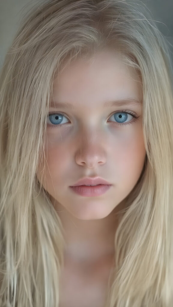 A stunningly detailed (((full body view))) (((airbrush masterpiece))), featuring a young girl with luxurious, ((straight blonde hair)) and (pale skin) that exudes an ethereal glow. Her eyes are a mesmerizing shade of blue, (the color of the sky on a clear day), captivating and inviting. The scene is set against a soft, natural light that casts a warm, golden glow, highlighting the cool tones of the background and creating a cozy, dreamy atmosphere.