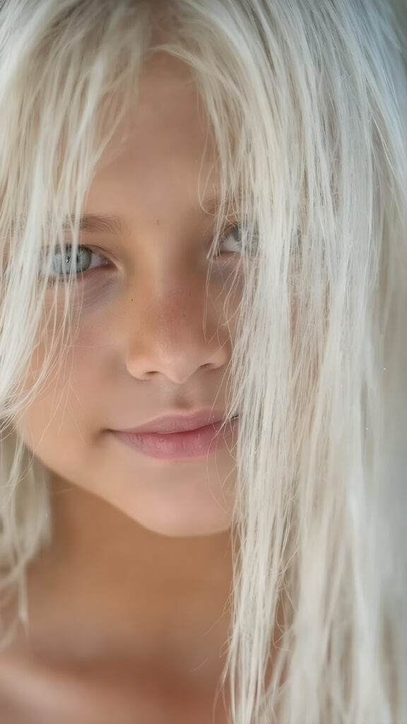 A stunningly detailed (((closeup portrait))), captured at an 8K resolution, showcasing a vividly beautiful young girl with ((tan skin and white drenched hair)), whose luxurious locks cascade down in a (serene drape), and are gently accented by (glittery particles) that enhance the overall whimsical charm of the scene. The girl's smile is warm and inviting, perfectly capturing the essence of a dream-like moment, full color, full resolution