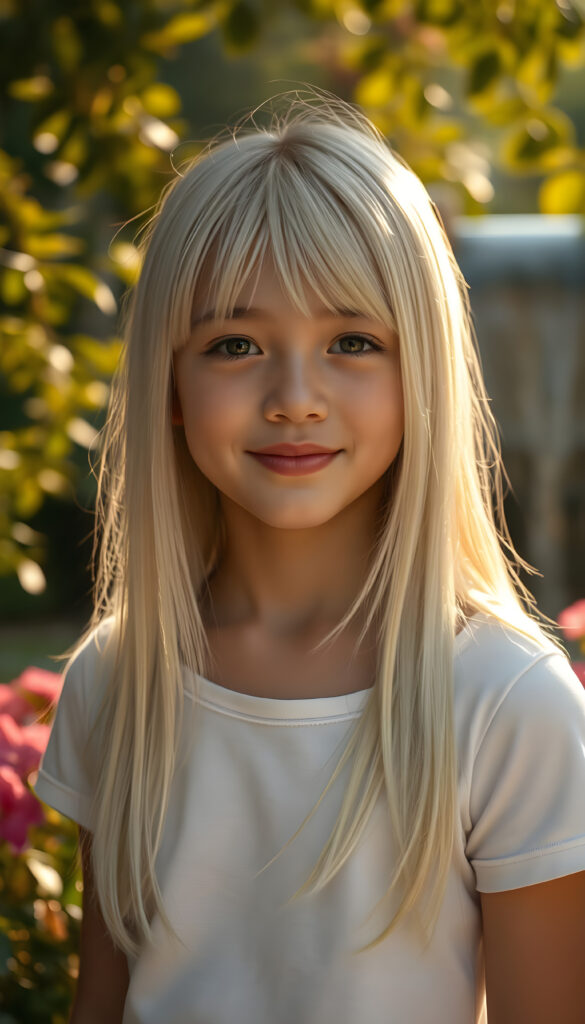 A stunningly detailed and hyperrealistic scene of a young girl with flowing, untamed, straight, silky white blonde hair cascading down her shoulders, framing her round face. She is very happy and friendly. She wears a minimalist white short-sleeve T-shirt, with the fabric softly hugging her petite form. The setting is a serene, sunlit garden, with vibrant flowers blooming around her. Soft, golden light filters through the leaves, casting a warm, ethereal glow over the scene. In the background, a gentle waterfall adds to the tranquil ambiance, enhancing the dreamlike atmosphere. The girl's hair shimmers with a subtle iridescence, catching the light in delicate highlights.