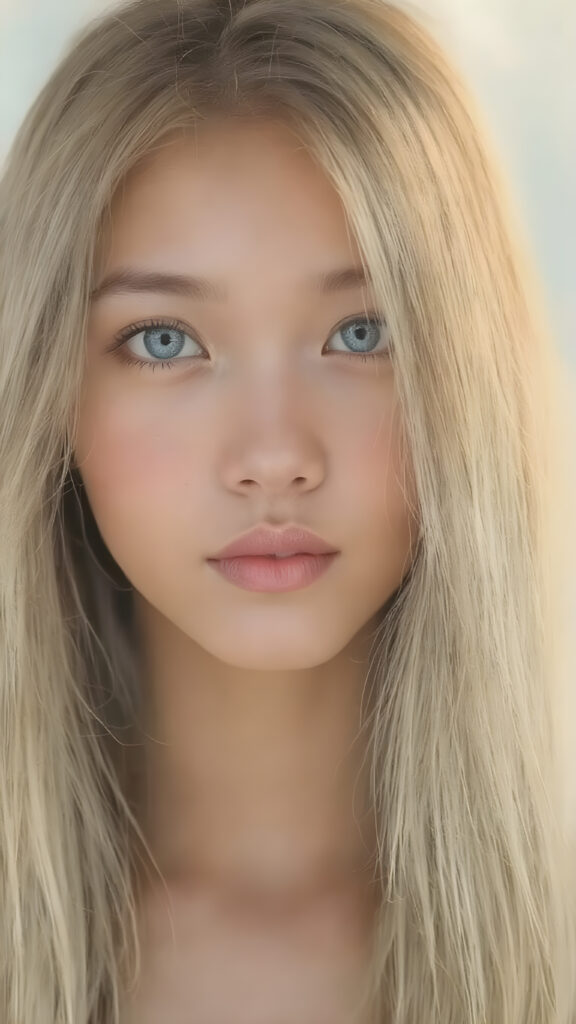 A stunningly detailed (((full body view))) (((airbrush masterpiece))), featuring a young Asian girl with luxurious, ((straight blonde hair)) and (pale skin) that exudes an ethereal glow. Her eyes are a mesmerizing shade of blue, (the color of the sky on a clear day), captivating and inviting. The scene is set against a soft, natural light that casts a warm, golden glow, highlighting the cool tones of the background and creating a cozy, dreamy atmosphere.