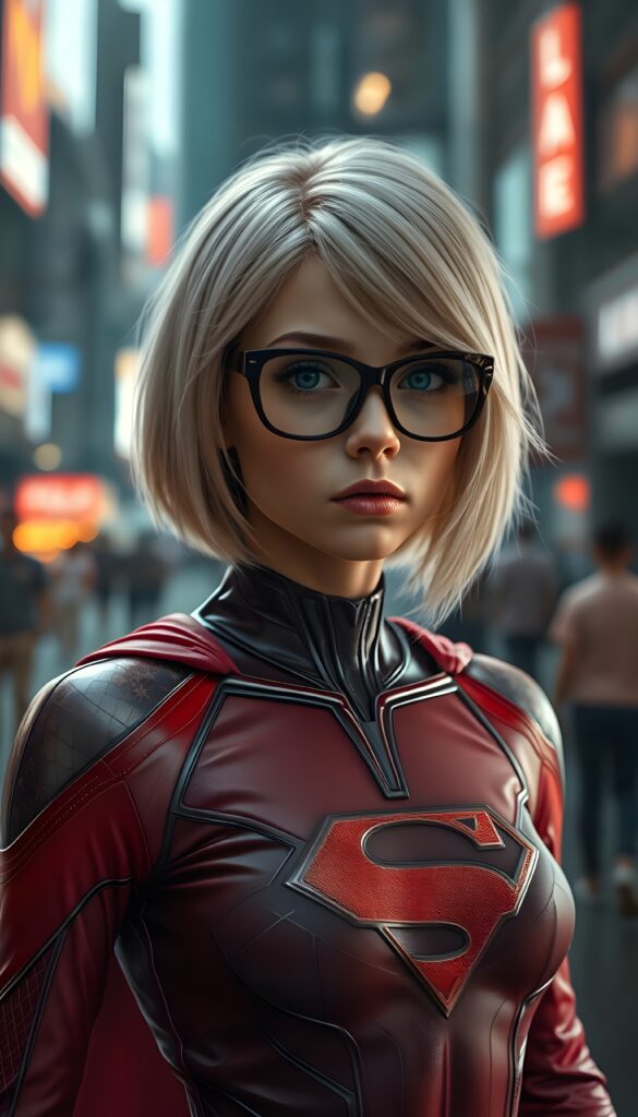 A stunningly detailed (((full angle body shot))), with intricate patterns and detailed textures, capturing a beautifully illustrated (((young supergirl in her classic costume))), her iconic blonde hair is styled in a sleek, high-tech bob with a 4K resolution, framed by a futuristic glasses that reflect the modern aesthetic. The scene is set against a backdrop of hyper-realistic, detailed environments that push the limits of imagination, creating a breathtaking visual symphony that defies the realm of possibility. Modern color grading techniques bring the whole composition to life, elevating this advanced image to the highest standard of artistry and technique, giving the viewer a truly unforgettable visual masterpiece