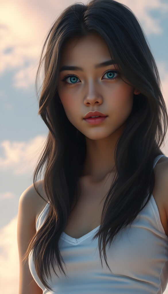 A stunningly detailed and vibrant illustration of a confident 18-year-old girl with flawless smooth skin, wearing a short white cotton top with a plunging neckline. Her luxurious, slightly wavy black hair cascades gracefully over her shoulders left an right the same length. Her bright, natural blue eyes gaze directly at the viewer, embodying a sense of self-assurance. The background is a dreamy, pastel-hued sky with soft, wispy clouds, enhancing the serene and ethereal atmosphere. The lighting is soft and natural, casting gentle highlights and shadows that accentuate her features and the texture of her hair. The composition is dynamic, with the girl standing confidently, her body slightly angled, creating a sense of depth and movement in the scene.