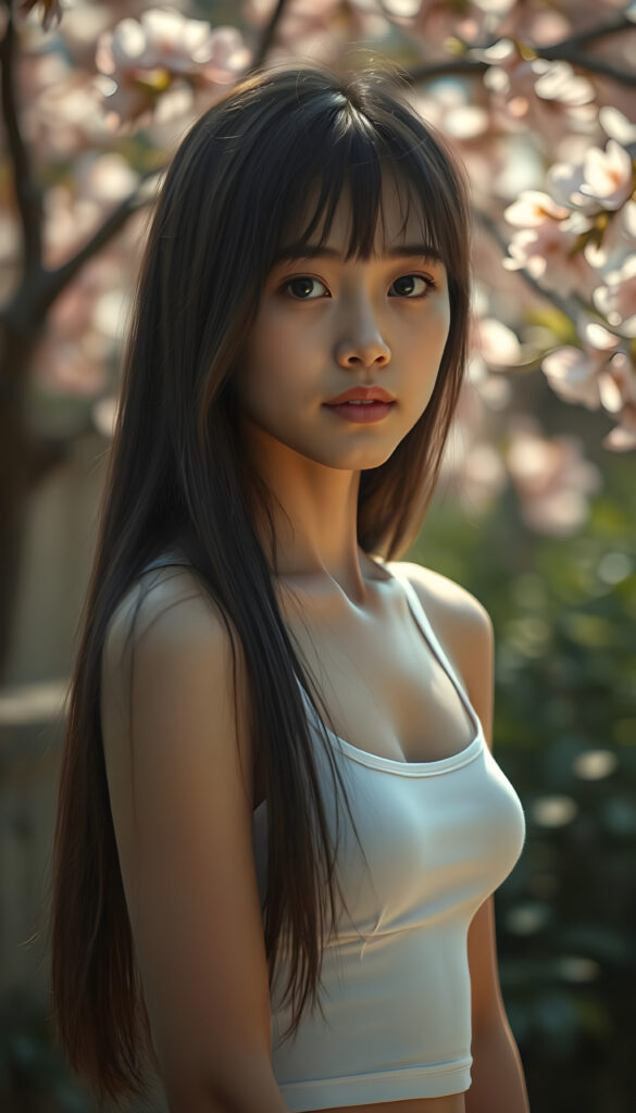 A stunningly detailed, super-realistic image of a cute Asian girl with long, straight hair cascading down her shoulders. She wears a crisp white short tank top, her body curving perfectly in a flattering silhouette. Her large, expressive eyes reflect a hint of melancholy as she gazes directly at the camera, her skin glowing with a soft, warm light that enhances her youthful radiance. The background is a vibrant, softly blurred garden scene with blooming cherry blossoms, creating a serene and enchanting atmosphere. The composition balances her delicate features with the lush, colorful environment, making the image both captivating and emotionally resonant.