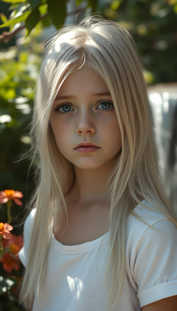 A stunningly detailed and hyperrealistic scene of a young girl with flowing, untamed, straight, silky white blonde hair cascading down her shoulders, framing her round face. Her expression is deeply sorrowful, eyes glistening with unshed tears. She wears a minimalist white short-sleeve T-shirt, with the fabric softly hugging her petite form. The setting is a serene, sunlit garden, with vibrant flowers blooming around her. Soft, golden light filters through the leaves, casting a warm, ethereal glow over the scene. In the background, a gentle waterfall adds to the tranquil ambiance, enhancing the dreamlike atmosphere. The girl's hair shimmers with a subtle iridescence, catching the light in delicate highlights.