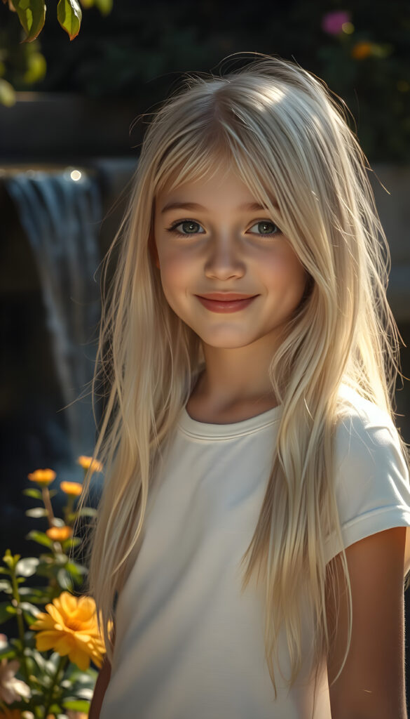 A stunningly detailed and hyperrealistic scene of a young girl with flowing, untamed, straight, silky white blonde hair cascading down her shoulders, framing her round face. She is very happy and friendly. She wears a minimalist white short-sleeve T-shirt, with the fabric softly hugging her petite form. The setting is a serene, sunlit garden, with vibrant flowers blooming around her. Soft, golden light filters through the leaves, casting a warm, ethereal glow over the scene. In the background, a gentle waterfall adds to the tranquil ambiance, enhancing the dreamlike atmosphere. The girl's hair shimmers with a subtle iridescence, catching the light in delicate highlights.