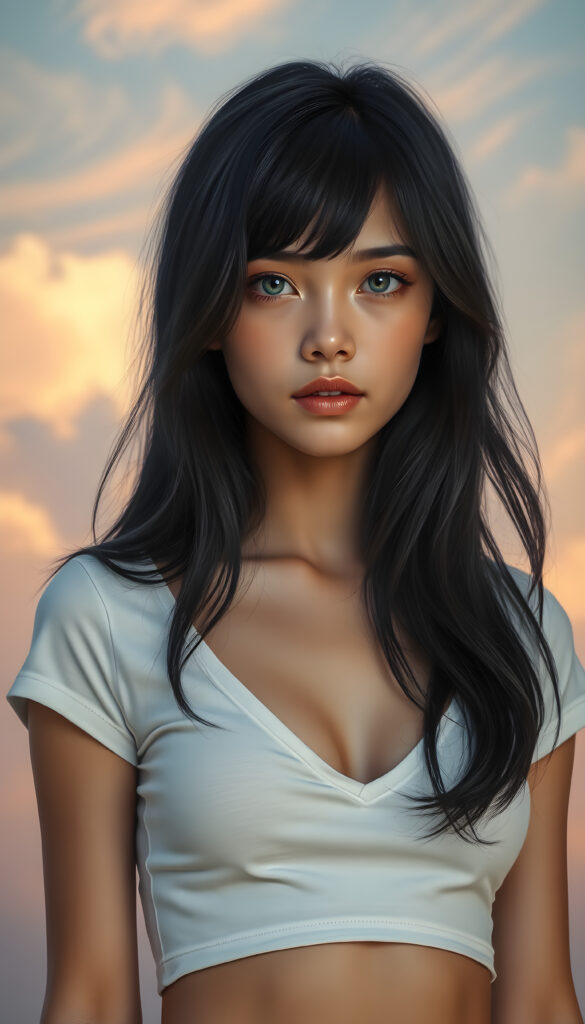 A stunningly detailed and vibrant illustration of a confident 18-year-old girl with flawless smooth skin, wearing a short white cotton top with a plunging neckline. Her luxurious, slightly wavy black hair cascades gracefully over her shoulders left an right the same length. Her bright, natural blue eyes gaze directly at the viewer, embodying a sense of self-assurance. The background is a dreamy, pastel-hued sky with soft, wispy clouds, enhancing the serene and ethereal atmosphere. The lighting is soft and natural, casting gentle highlights and shadows that accentuate her features and the texture of her hair. The composition is dynamic, with the girl standing confidently, her body slightly angled, creating a sense of depth and movement in the scene.