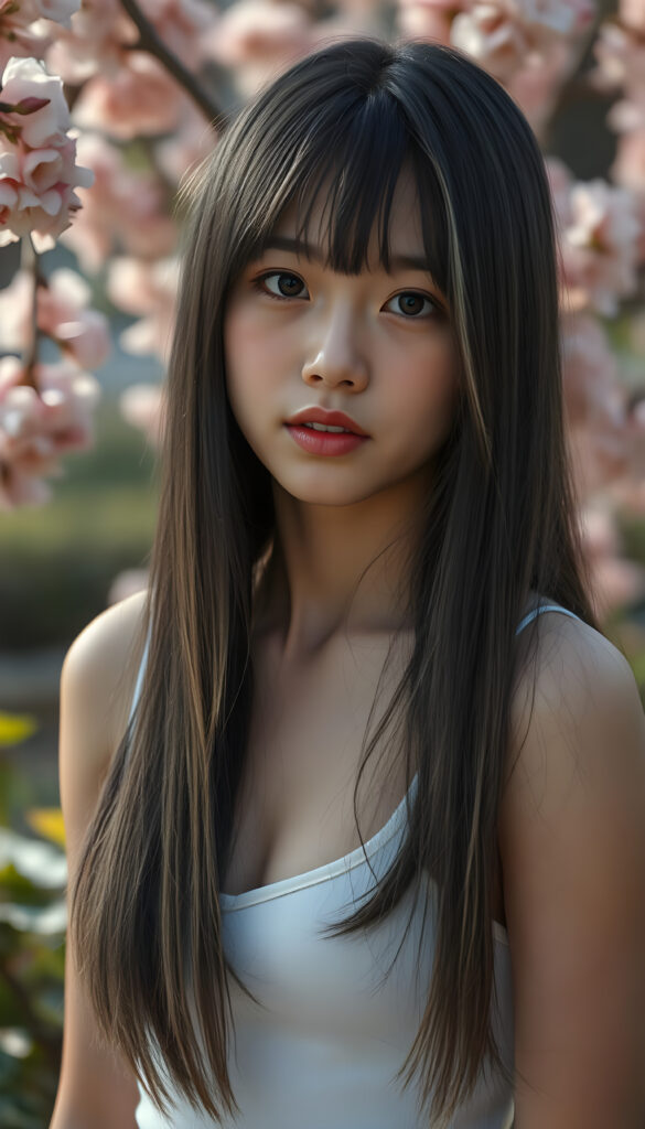 A stunningly detailed, super-realistic image of a cute Asian girl with long, straight black hair and blond highlights cascading down her shoulders, bangs frame her round face. Full red kissable lips, white teeth. Amber shiny eyes. She wears a crisp white short tank top, low neckline, her body curving perfectly in a flattering silhouette. Her large, expressive eyes reflect a hint of melancholy as she gazes directly at the camera, her skin glowing with a soft, warm light that enhances her youthful radiance. The background is a vibrant, softly blurred garden scene with blooming cherry blossoms, creating a serene and enchanting atmosphere. The composition balances her delicate features with the lush, colorful environment, making the image both captivating and emotionally resonant.