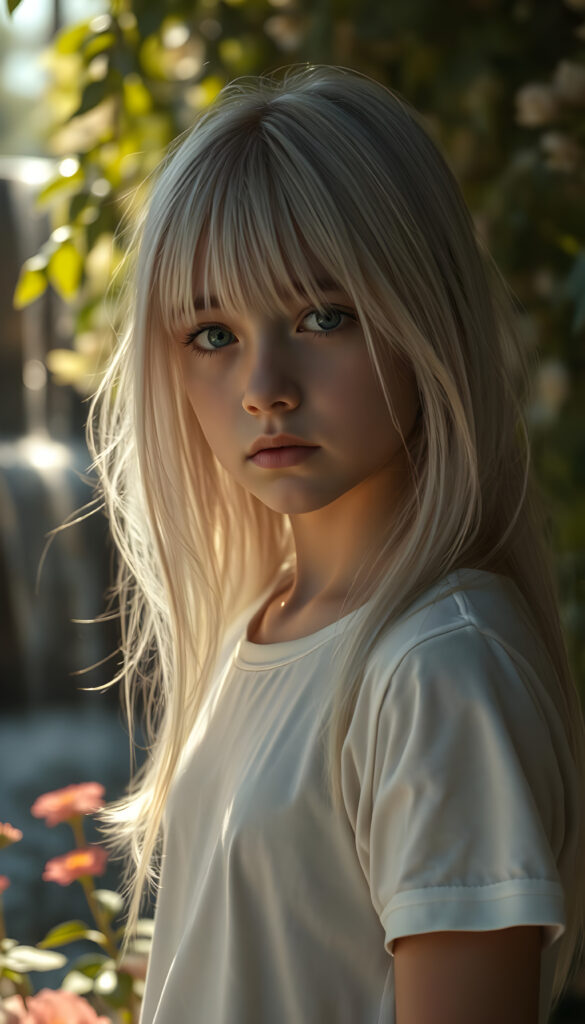 A stunningly detailed and hyperrealistic scene of a young girl with flowing, untamed, straight, silky white blonde hair cascading down her shoulders, framing her round face. Her expression is deeply sorrowful, eyes glistening with unshed tears. She wears a minimalist white short-sleeve T-shirt, with the fabric softly hugging her petite form. The setting is a serene, sunlit garden, with vibrant flowers blooming around her. Soft, golden light filters through the leaves, casting a warm, ethereal glow over the scene. In the background, a gentle waterfall adds to the tranquil ambiance, enhancing the dreamlike atmosphere. The girl's hair shimmers with a subtle iridescence, catching the light in delicate highlights.